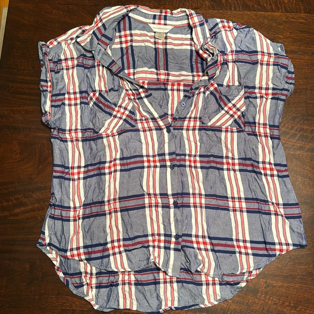 Red, white and blue plaid shirt